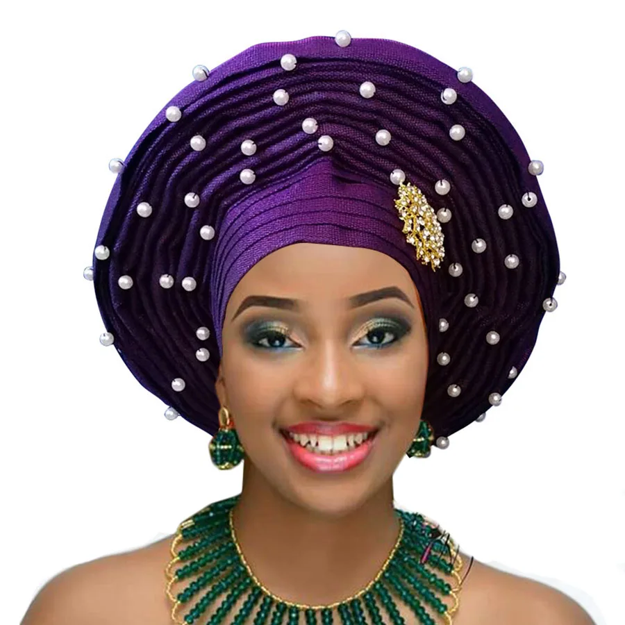 

2019 Aso oke headtie with beads African gele already heatie african headwear for women