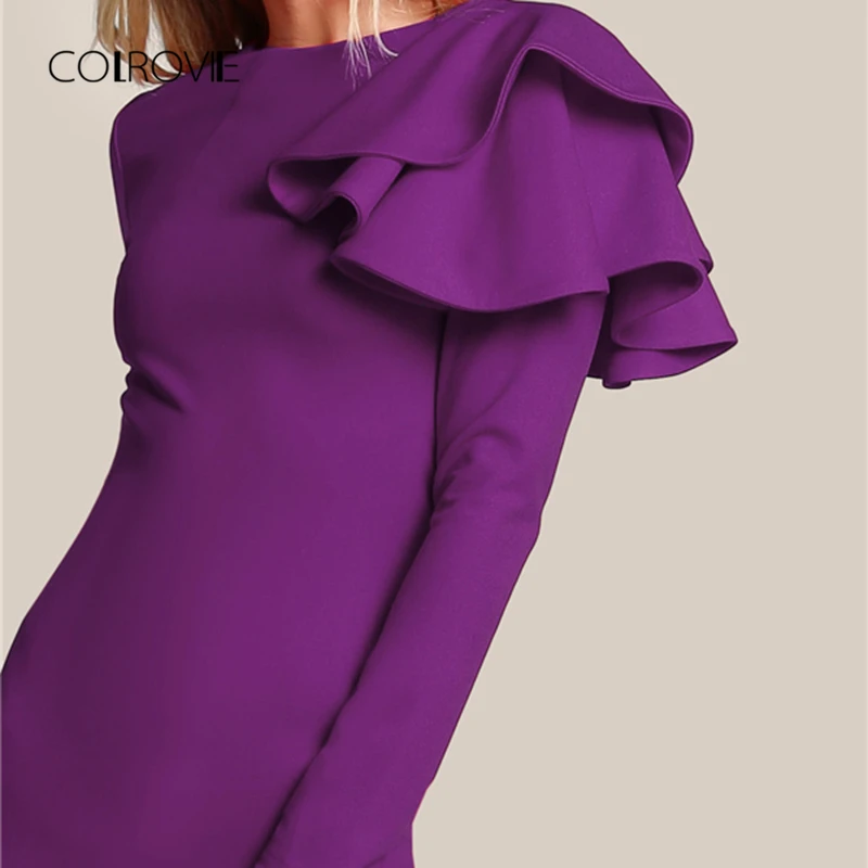 COLROVIE Фиолетовый одна сторона Многоуровневое отделкой рюшами Вечерние Платье осень чёрное тонкое элегантное облегающее платье с длинным рукавом Для женщин платья