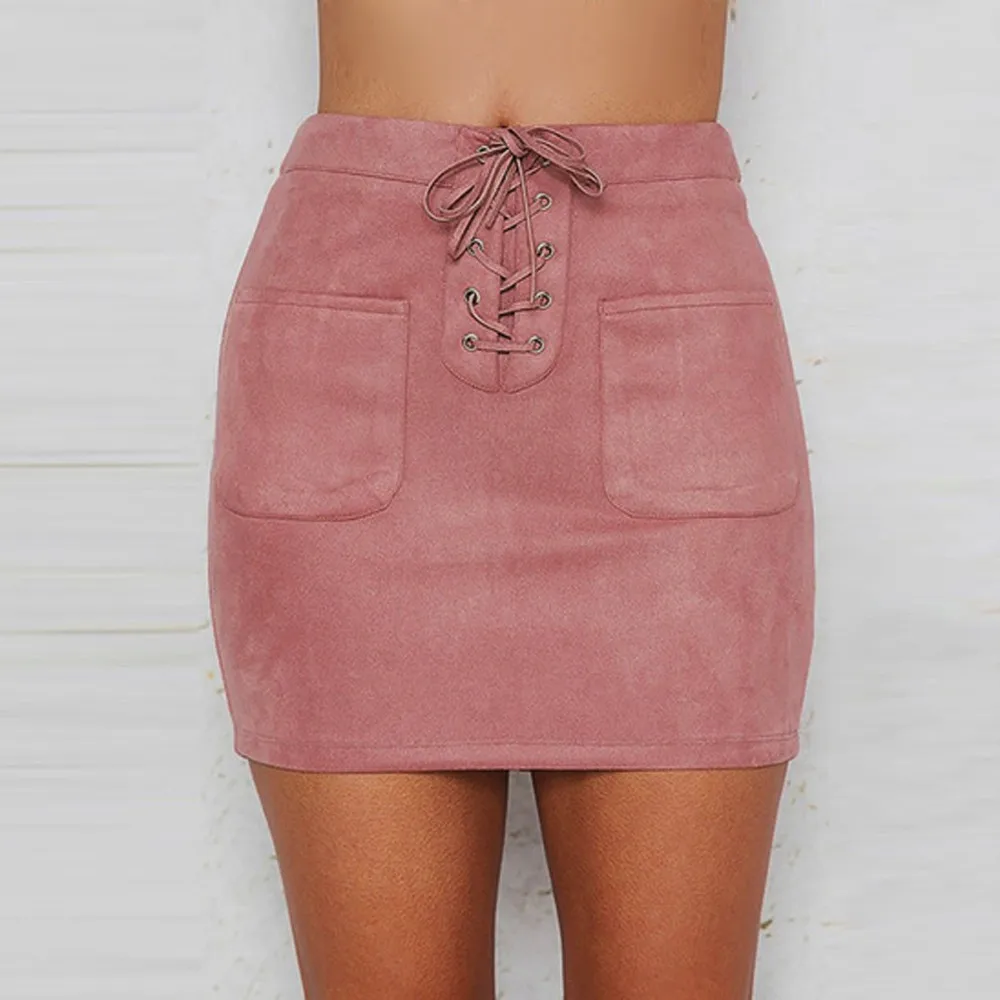 

Fashion Polyester Straight Women Casual Bandage Skirt High Waist Pink Suede Girl Cute Short Sexy & Club Straight Skirt