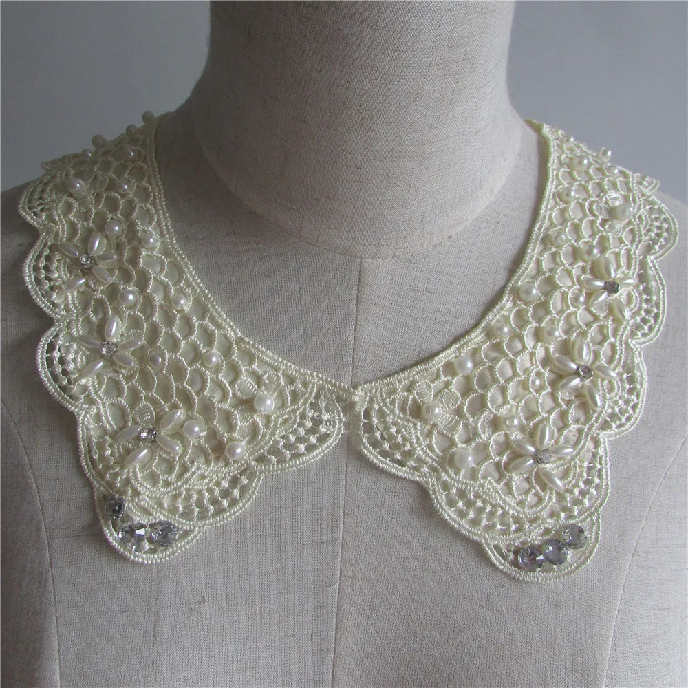 1pcs sell ivory white Lace Collar Pearl Rhinestone Neckline Lace