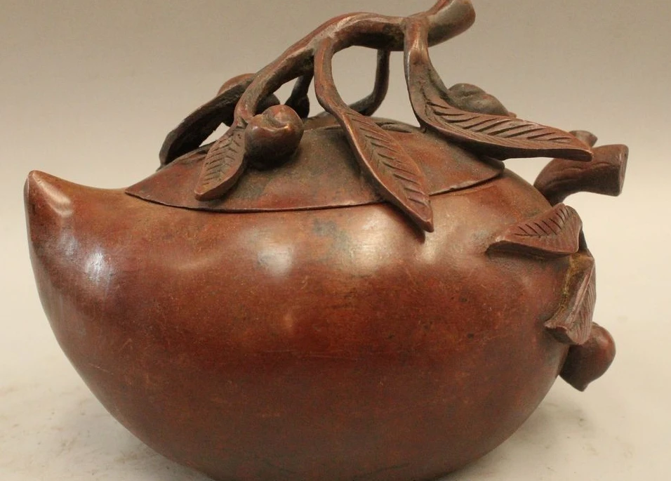 

5"Marked Chinese Dynasty Copper Lucky Peach Incense Burner Censer Statue