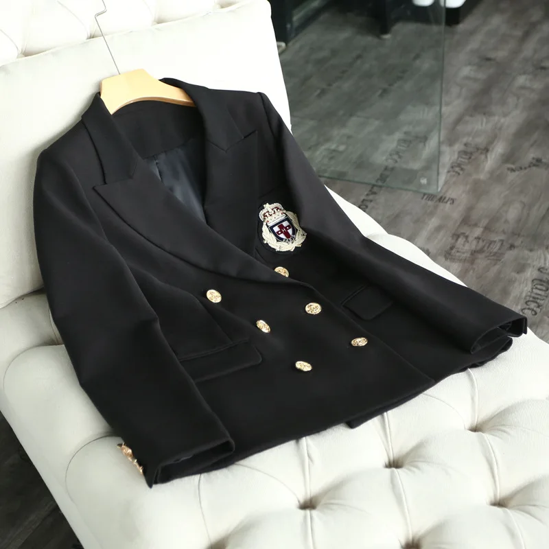 High-end European and American Street Trendy Women's Wear Long Sleeve Slim Handmade Badge Small Suit 2019 Black Suit
