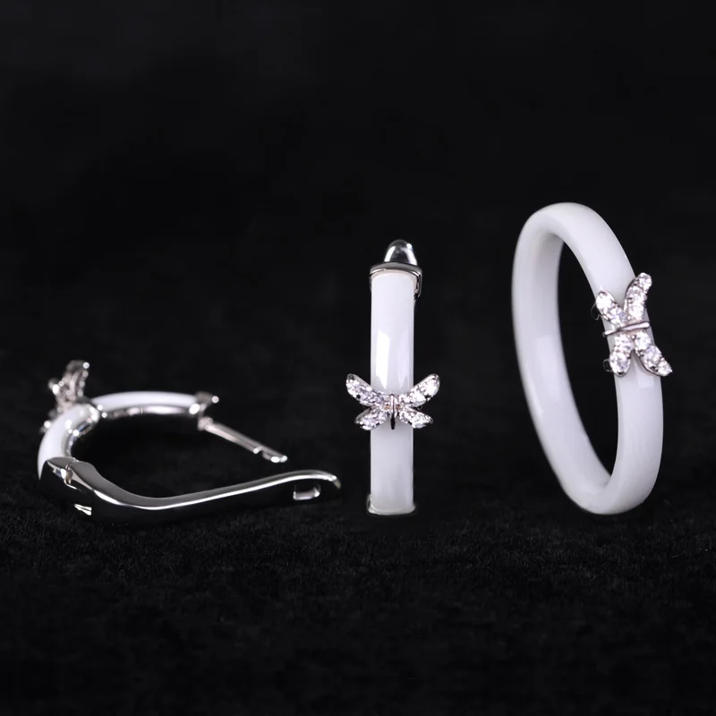 

Dazz Wedding Jewelry Sets Earrings rings White Ceramic Small Butterfly Anels Copper Aretes Bridal Ensemble de Bijoux Femme