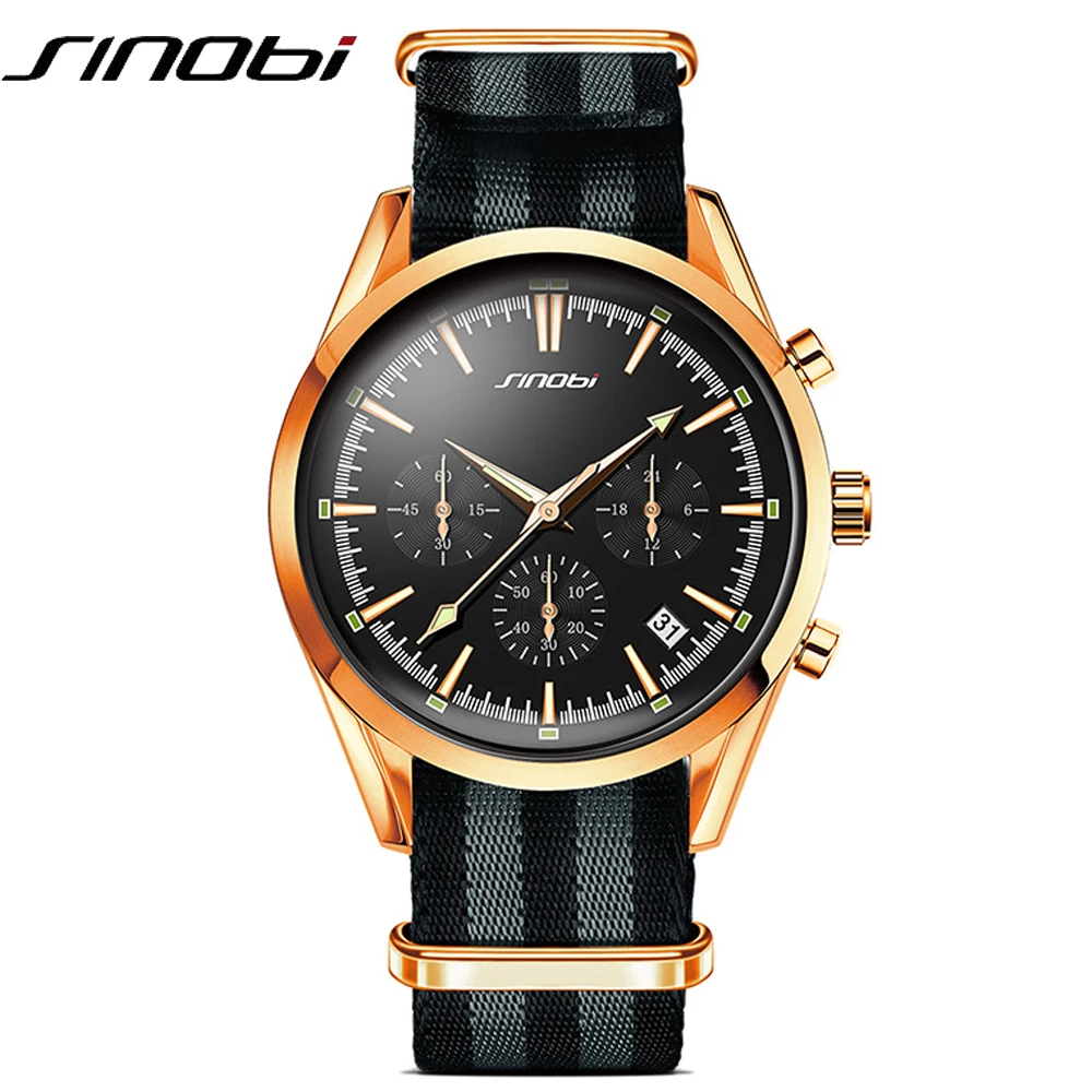 

SINOBI Military Golden Quartz Watch Men's Chronograph Nylon nano watchband Top Luxury Brand Sports Quartz Clock Male Gift band
