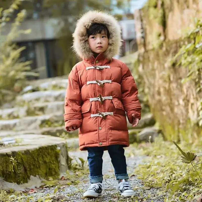 

Boys Winter Jacket For 3-7 Years Old Kids Long Down Coats Hooded Collar Thick Warm Claw Button Clothes Children's Zipper Parka