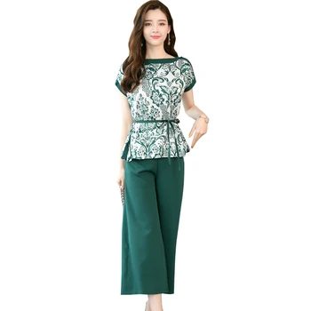 

new 2018 summer women loose suit blouse top wide-legged trousers Korean fashion two-piece clothing set green black pants M-XXL