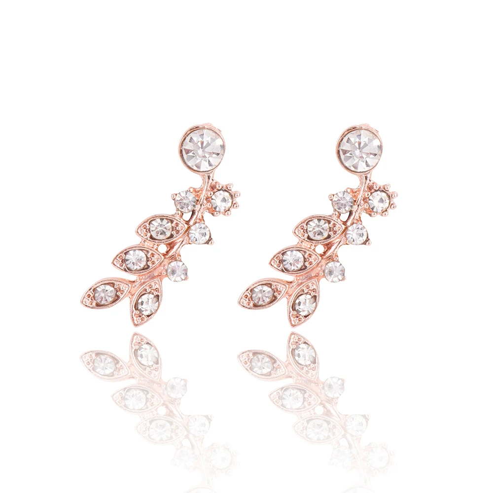 

E081 Fashion Jewelry Rose Gold Color Leaf Crystal Stud Earrings For Women Luxury Rhinestone Earrings Wedding Jewelry For Elegant