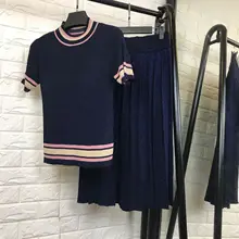 Women elegant fashion short sleeve striped hem knit sweater tops + pleated long skirt 2 piece set new 2018 summer fashion blue Women elegant fashion short sleeve striped hem knit sweater tops + pleated long skirt 2 piece set new 2018 summer fashion blue