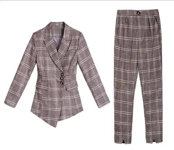 

Spring 2018 new women's Korean fashion grid casual suit blazer top pants two-piece outfit office lady clothing set design S-XXL