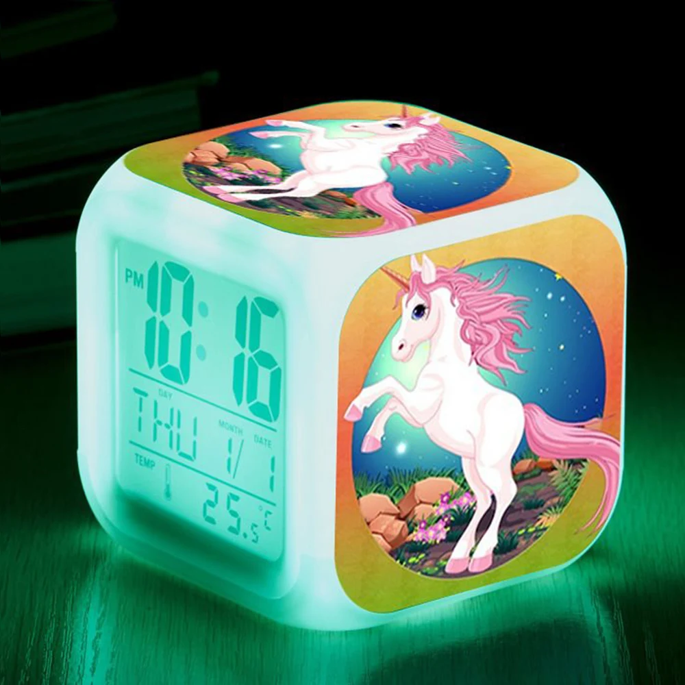 Cartoon Unicorn Alarm Clock Led Digital Alarm Clocks Child Kids Desk Clock 7 Color Changing Night Light Thermometer Gift K1019 B