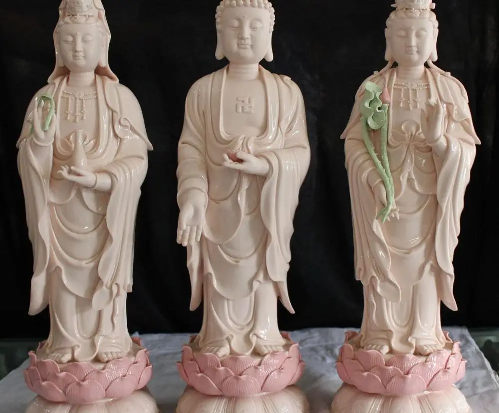 

22"Dehua Colored Porcelain Western 3 Gods Kwan-yin Shakyamuni Buddha Statue Set
