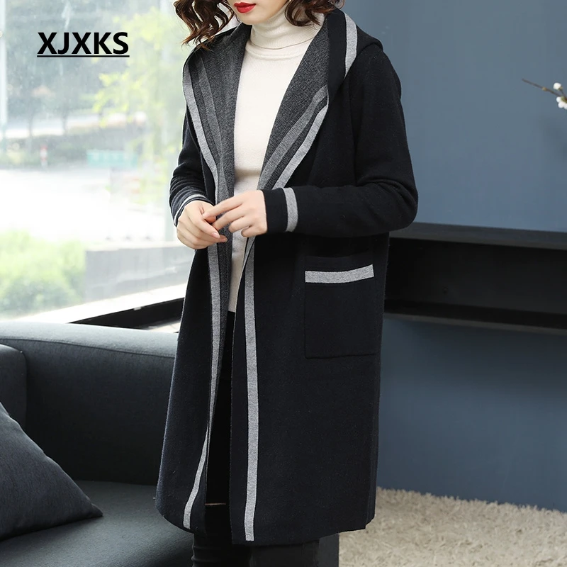 XJXKS Новинка зимнее пальто Женское шерстяное пальто женский корейский стиль Длинное свободное элегантное шерстяное пальто женское пальто с капюшоном - Цвет: Navy blue