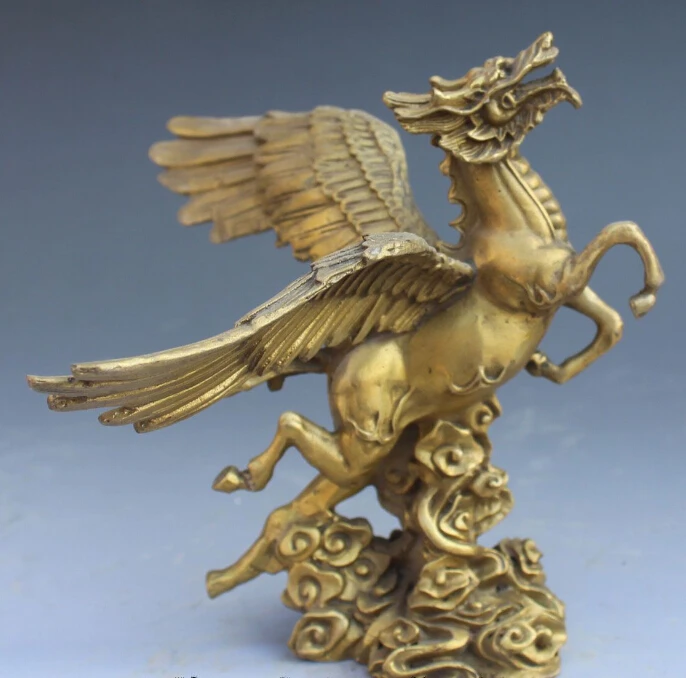 

8" China Bronze Folk Feng shui Animal Dragon Head horse Horses Pixiu Statue
