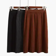 Весна Осень Книги по искусству и ретро Женская вязаная юбка pleat орган талии юбка длинная юбка была тонкая однотонная женская юбка shipping065