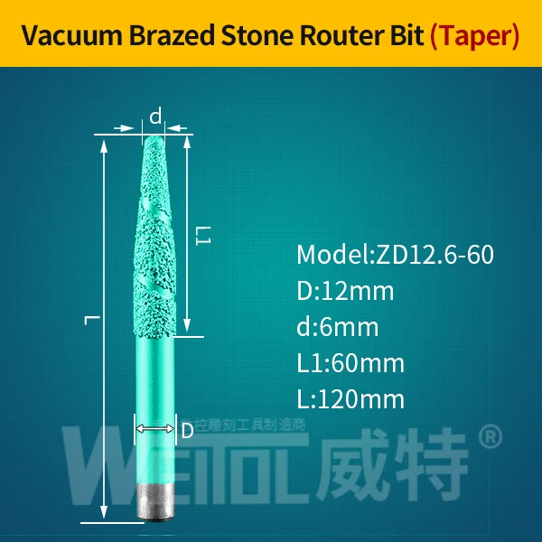 WeiTol 1 шт. 8 мм Вакуумные Паяные фрезы для обработки камня гранита режущие инструменты конические Алмазные Заусенцы фрезы для гравировки мрамора - Длина режущей кромки: ZD12.6-60