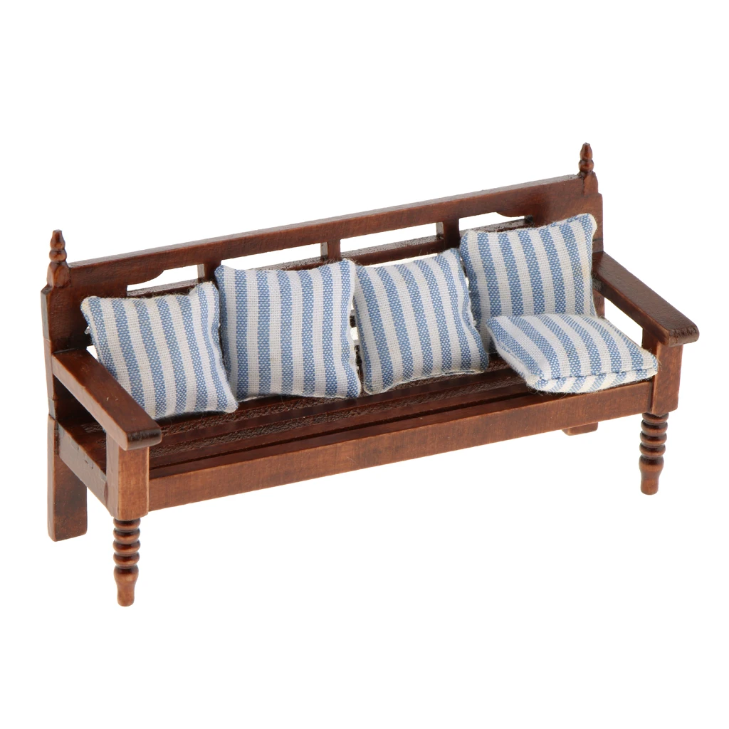 1/12 Scale Dollhouse Living Room Furniture Long Chair with 5 Cushions Set Pretend Play Classic Toys for Children Birthday Gift