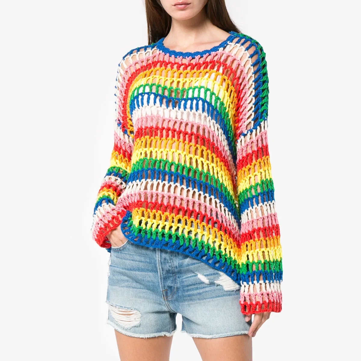 Jastie Rainbow Stripe Hollow out Crochet Sweater Pullover O Neck Long ...