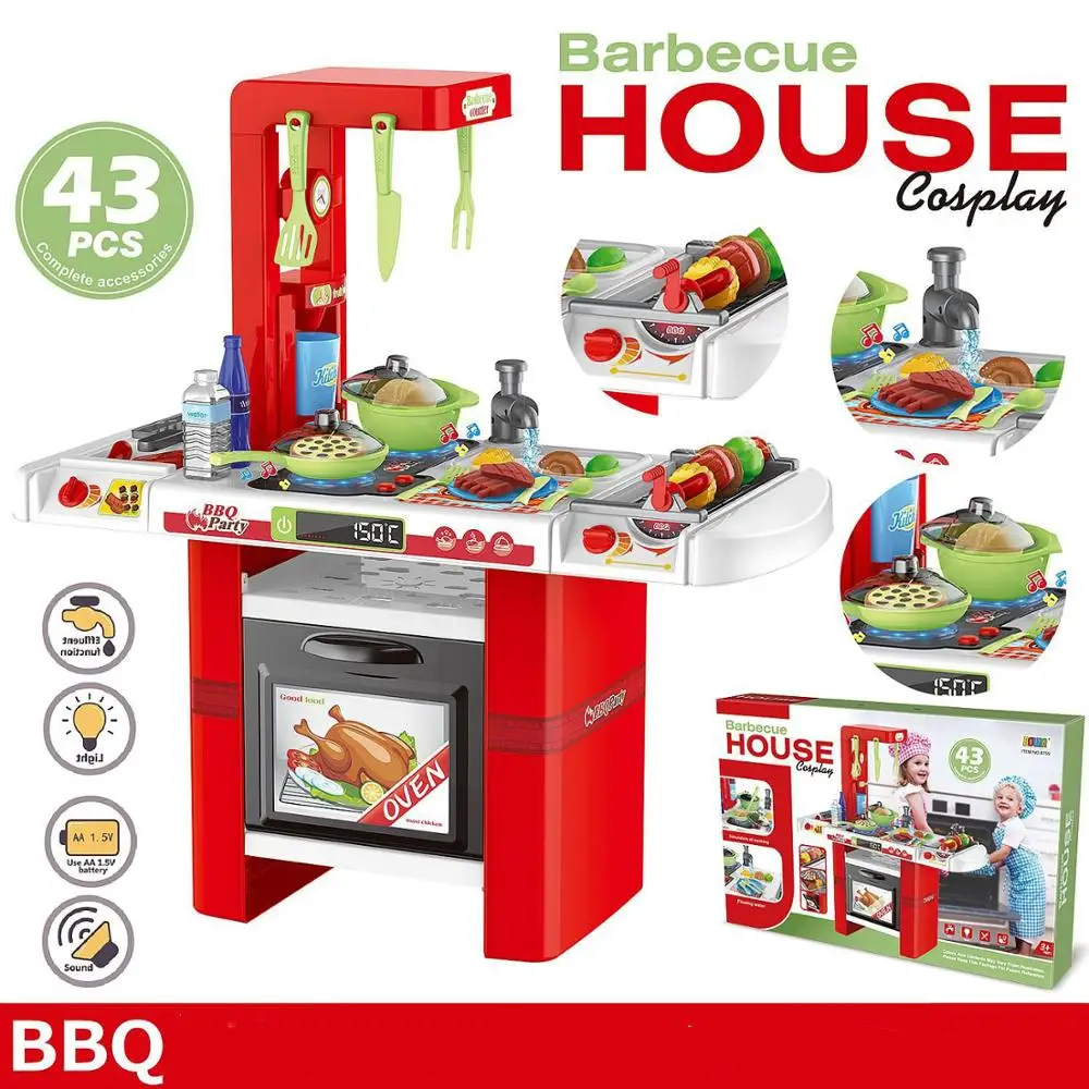 

Child Birthday Gift for girl 43PCS Barbecue House KItchen set Simulation Pretend Play Set BBQ Tableware with Light Music Water