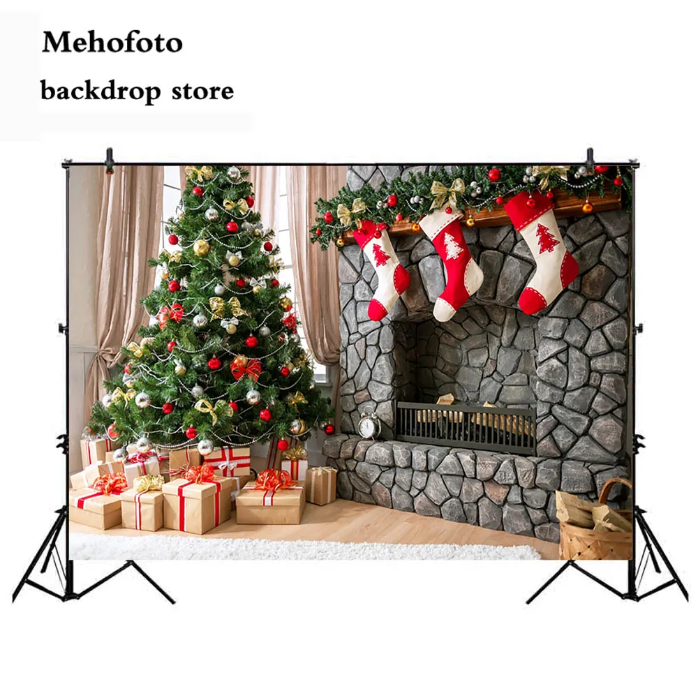

Mehofoto X'mas Trees Backdrops for Photography Fireplace Photo Background Studio New Year Backdrop Sock Props Vinyl Cloth 788