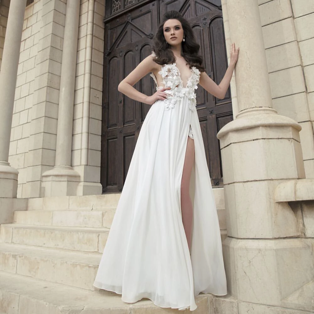 White Prom With Flowers Promotion For Promotional A Line Beach White Chiffon High Split Open Back Flower Liques Beaded Cutout Side Waist Y Hot French Lady Prom
