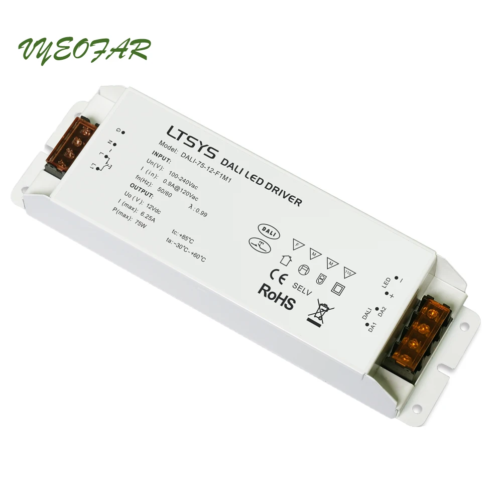 

LTECH Dali Dimming Driver 100-240VAC;Dali Power driver;AC100-240V input;12V 6.25A 75W output Led Dali Dimmable Driver,Push Dim