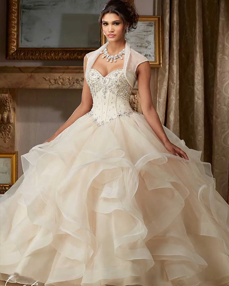

Custom Made Tulle Shawl Lace Up Gorgeous Beaded Crystal Beige Pink Ball Gown Quinceanera Dresses Girl 2019 Vestidos De 15 Anos