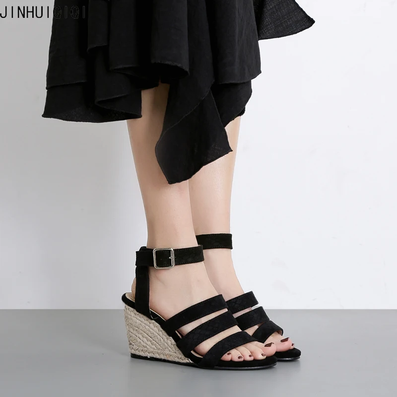 

7cm Heel Women Wedge Shoes Summer Casual Buckle Shoes Black Open Toe High Heel Sandals Concise Ladies Sandals Calzado Mujer
