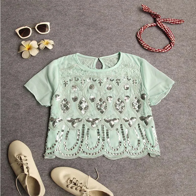 Seily Роскошная летняя шифоновая блузка с вышивкой бисером и блестками высокого качества с коротким рукавом повседневные женские вечерние Блузы с блестящим узором - Цвет: Mint Green