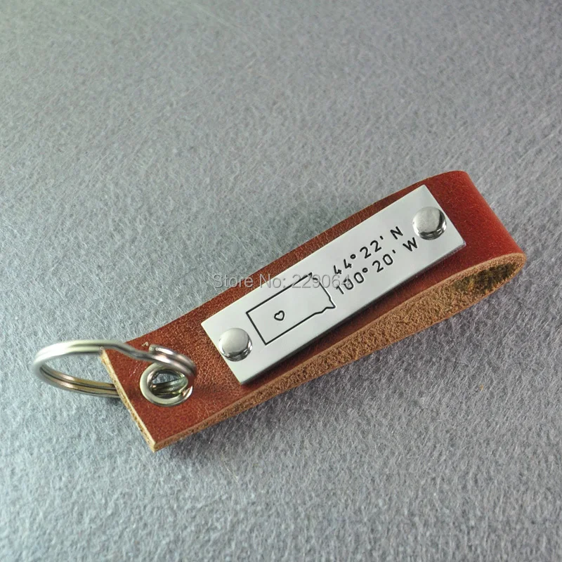 

Personalized leather key chain, Engraved South Dakota map, custom longitude&latitude, Alloy Customized keyring Hand stamped gift