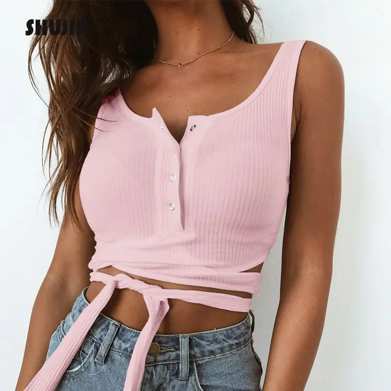 

SHUJIN Sexy Bandage Knitted Crop Top Women Summer Fashion Sleeveless Lace Up T-Shirt Tank Top Female Slim Club Party Camis