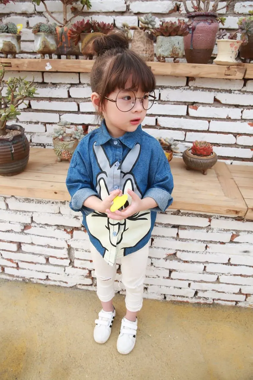 New Fashion Girls Blouse Shirt Long Sleeve Jeans Spring Summer Shirts for Toddler Girl's Outfits Cute Rabbit Print Blouse shirt