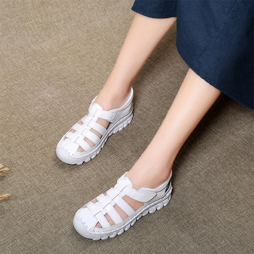 

Summer Women's Sandals Sewing Comfortable Soft Rubber Bottom Genuine Cow Leather Leisure Retro Handmade Shoes New Fashion 2019