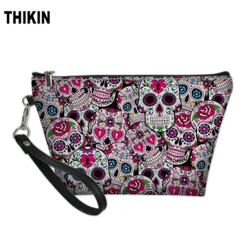 

THIKIN Floral Skull Print Make Up Bag Cosmetic Case for Women Organizer Female Personalized Ladies Makeup Bag Toiletry Pouch