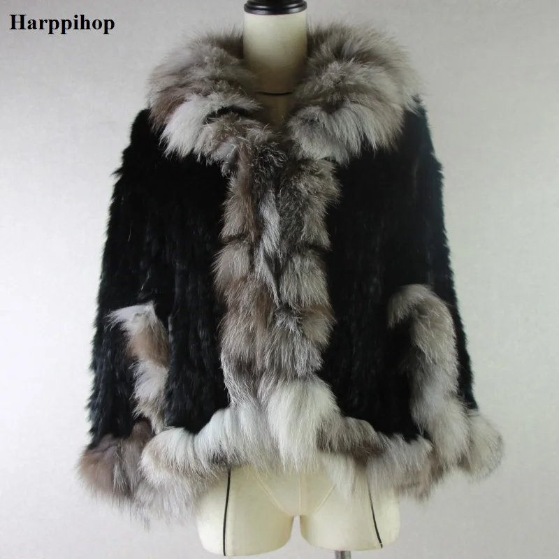 Poncho de piel de conejo Real de Invierno para mujer chal de piel de conejo Natural tejido con cuello de piel de zorro de plata auténtica Pashmina caliente vender - 2