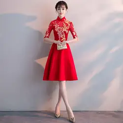 Красный китайский невесты элегантные Cheonsgam тост одежды Винтаж дамы Китайский Стиль платье пикантные тонкий Vestidos цветочный Восточный Qipao