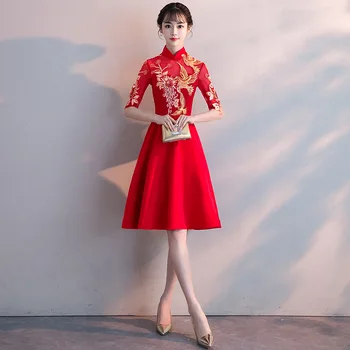 

Red Chinese Bride Elegant Cheonsgam Toast Clothes Vintage Ladies Chinese Style Dress Sexy Slim Vestidos Floral Oriental Qipao