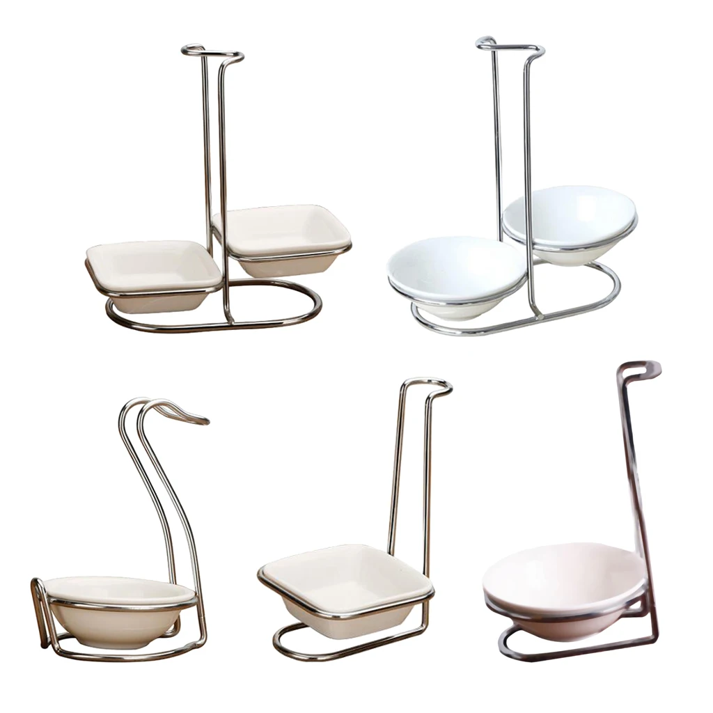 Modern White Ceramic Kitchen Ladle Spoon Rest Holder with Polished Stainless Steel Rack Spoon Rests Clips Holder Kitchen Tools