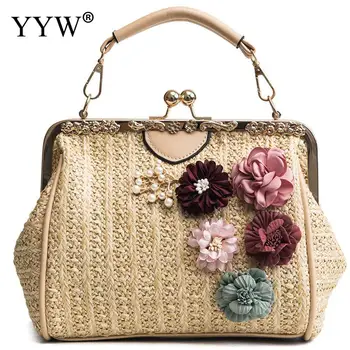

Fashion Beach Straw Weave Handbag Tibetan Floral Bucket Bag Attached With Hanging Strap Fashion Flower Shoulder Bags Women 2018