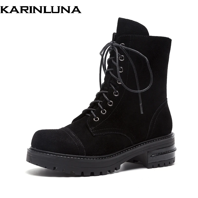 

KARINLUNA new arrivals top quality genuine leather natural cow leather chunky Heels martin Boots Women Shoes Woman Boots
