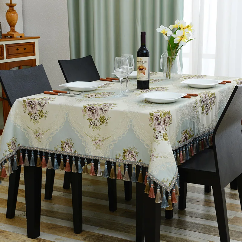 

Royal Luxury Embroidered Princess Tablecloths Wedding Table Cloth Jacquard Toalha De Mesa Tassel Model Room Dinning Table Covers