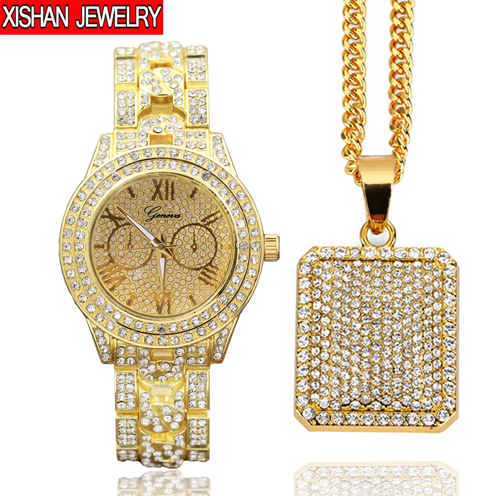 

Mens Luxury Full Of Shiny Stones Hip Hop Iced Out Watch & Iced Square Dog Tag Necklace Combo Set