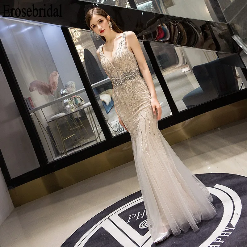 Mermaid Evening Dress Long 2019 Beaded Lace Formal Dresses Evening Gown for Women Elegant V Neck/Back 7 Colors robe soiree Mermaid Evening Dress Long 2019 Beaded Lace Formal Dresses Evening Gown for Women Elegant V Neck/Back 7 Colors robe soiree