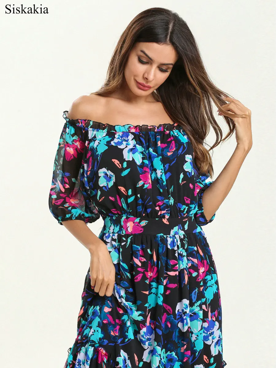 Siskakia Office Ladies Summer Dress Print Elastic Waist Slash Neck Wrapped Breast Long Dresses Color Chiffon Swing Female Dress (2)
