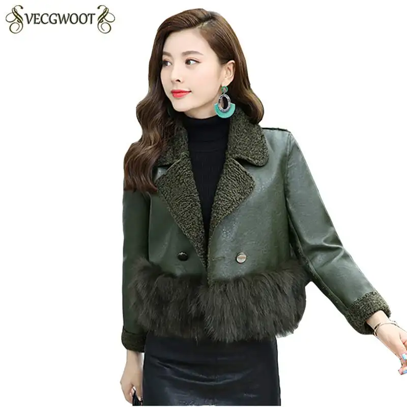 

2019 Winter New Women Faux Fur Patchwork Jacket Slim Short PU Leather Coat Long Sleeve Korean Females Outerwear Thick Warm PR423