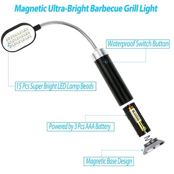 

Barbecue Grill Light with Magnetic Base Super Bright 15 LED Lights Flexible Gooseneck BBQ Light EDF88