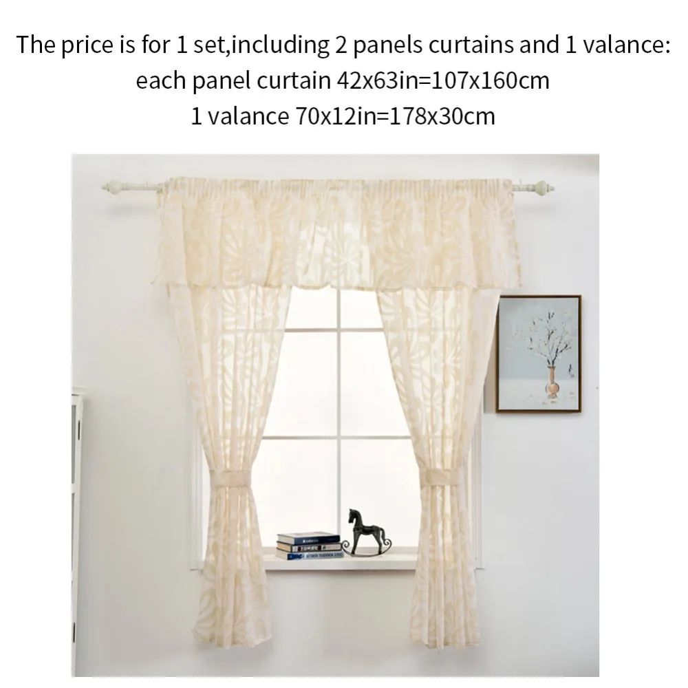 Smt514 NAPEARL Floral Leaves Jacquard Short Tulle Drops Valance Set Kitchen Windows With Ropes Cream Color Rustic Decor Fabric Circle