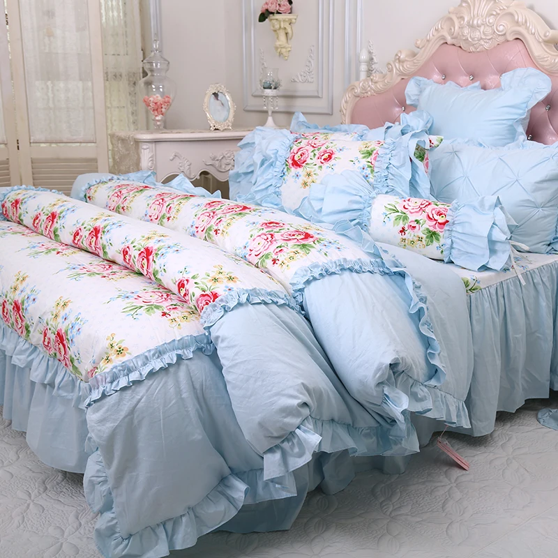 Princess blue yellow flower bedding sets girls full queen