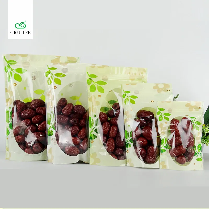 

High Quality 100pc Various Sizes Clear Mylar Stand Up Bags Package Repacking Pouch w/ Green Leaves Design Storage Zip Lock Bags