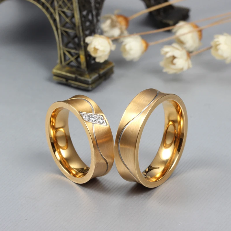 Unique Alliance Anel Ouro Titanium Promise Wedding Band Couple Rings Pair Set for men and women Gold Color Anillos VR325