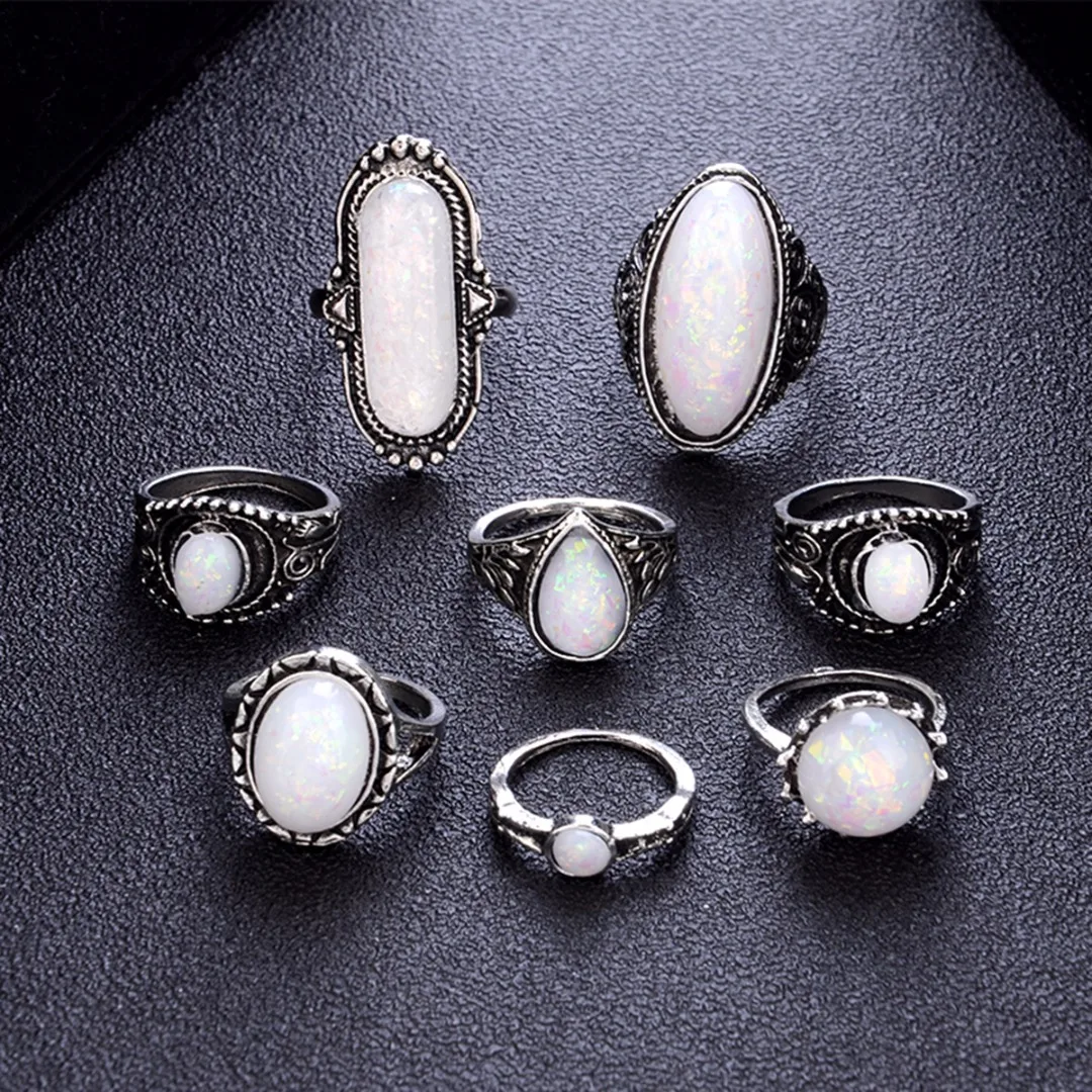 

8pcs/set Vintage Hand Knuckle Opal Finger Ring Set For Boho Womens Laides Banquet Jewelry Bague Femme Statement Jewelry